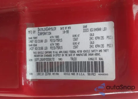 2000 Dodge Dakota Slt/Sport z USA, uszkodzony, nr VIN 1B7FL26X9YS558172